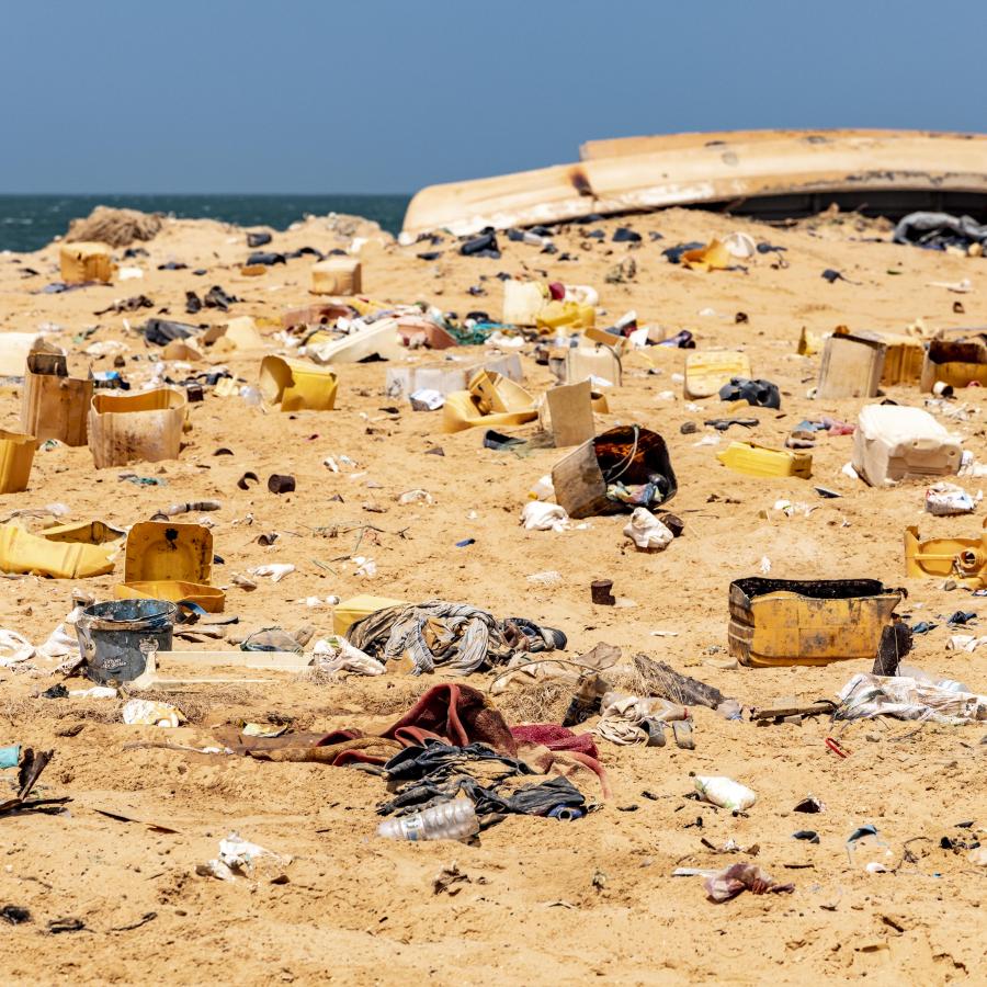 Mauritanian coastline covered with containers and plastic waste